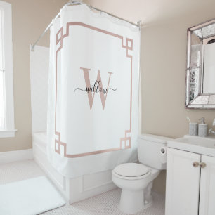 White & Rose Gold Pink Greek Key Monogrammed  Shower Curtain