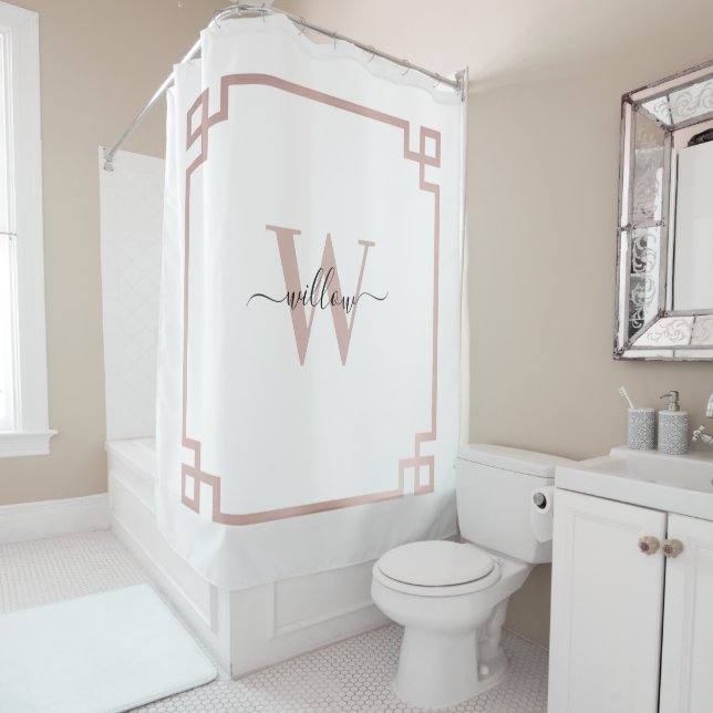 White & Rose Gold Pink Greek Key Monogrammed  Shower Curtain (In Situ)