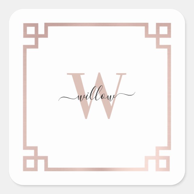 White & Rose Gold Pink Greek Key Monogrammed  Square Sticker (Front)