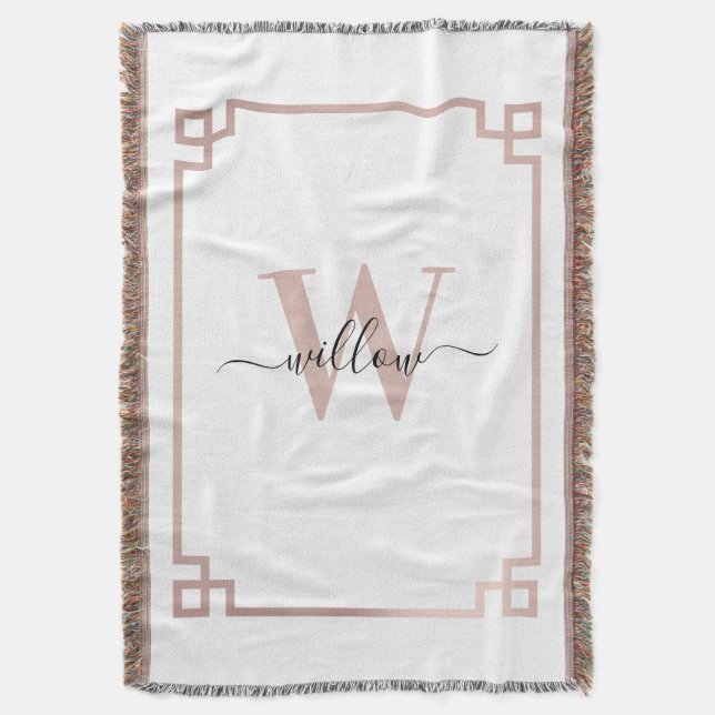 White & Rose Gold Pink Greek Key Monogrammed Throw Blanket (Front Vertical)