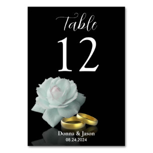 White Rose Gold Rings Elegant Wedding Black Script Table Number