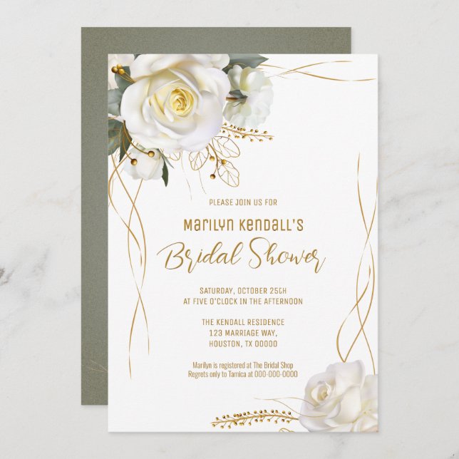White Rose Gold Romantic Floral Invitation (Front/Back)