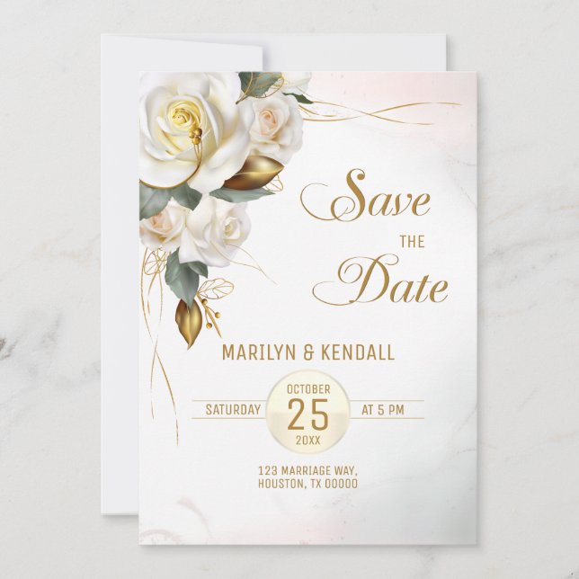 White Rose Gold Romantic Floral Save the Date Invitation (Front)