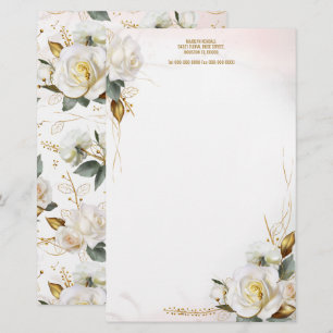 White Rose Gold Romantic Floral Stationery