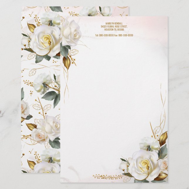 White Rose Gold Romantic Floral Stationery (Front/Back)