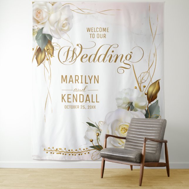 White Rose Gold Romantic Floral Wedding Backdrop Tapestry (In Situ)
