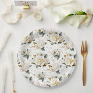 White Rose Gold Romantic Floral Wedding Paper Plate