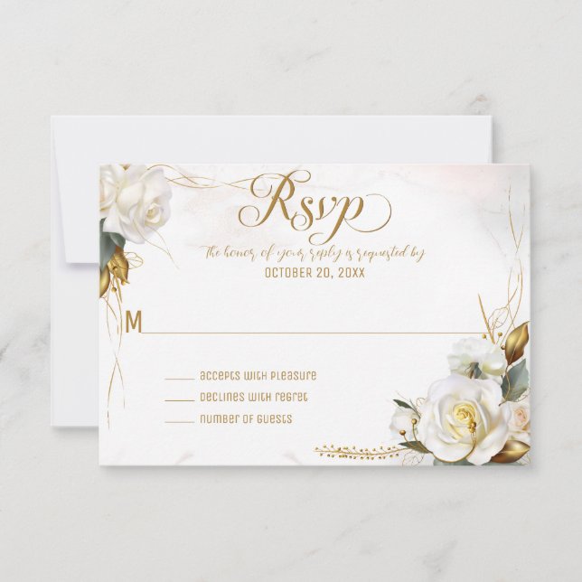 White Rose Gold Romantic Floral Wedding RSVP Card (Front)