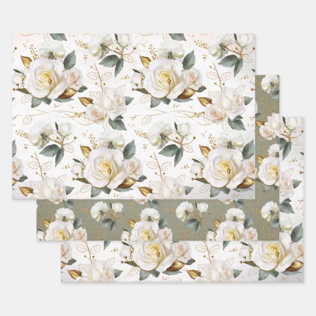 White Rose Gold Romantic Floral Wrapping Paper Sheet (Set)
