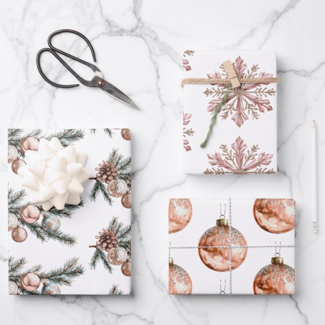 White Rose Gold Snowflakes Ornaments Christmas  Wrapping Paper Sheet (Front)