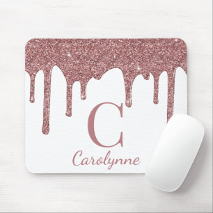 White Rose Gold Sparkle Glitter Drips Monogram Mouse Mat