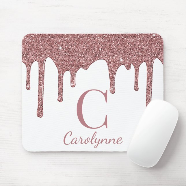 White Rose Gold Sparkle Glitter Drips Monogram Mouse Mat (With Mouse)