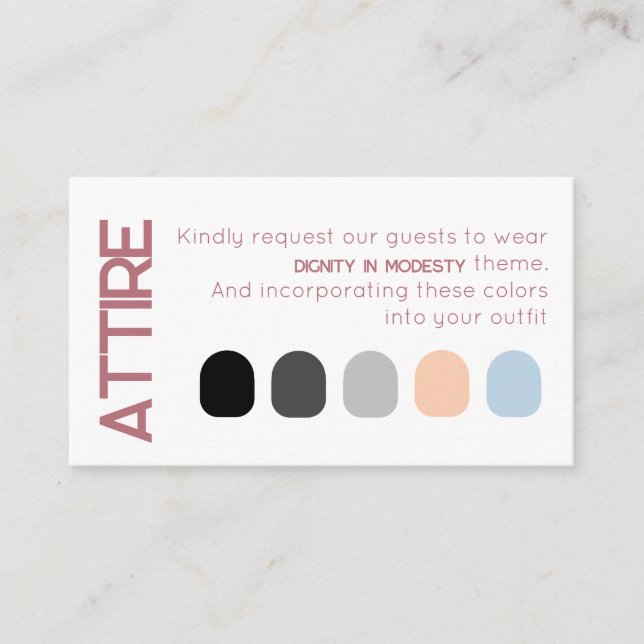 White Rose Gold Wedding Attire Dress Code Card (Front)