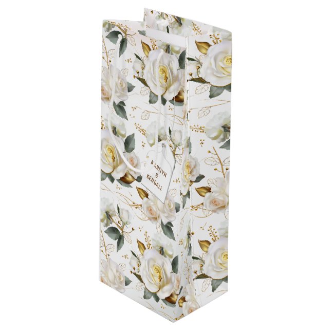 White Rose Gold Wedding Wine Gift Bag (Front Angled)