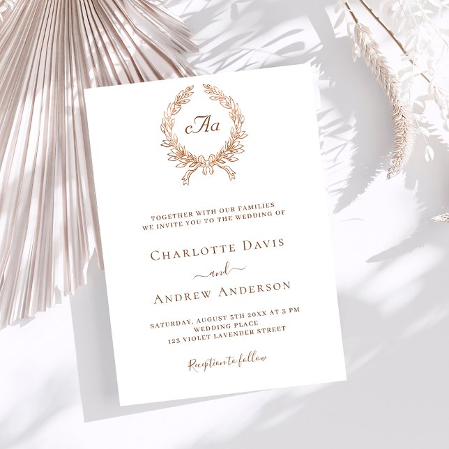 White rose gold wreath monogram wedding invitation (Creator Uploaded)