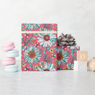 White Rose Gold Yellow Orange Red Daisy Flowers Wrapping Paper