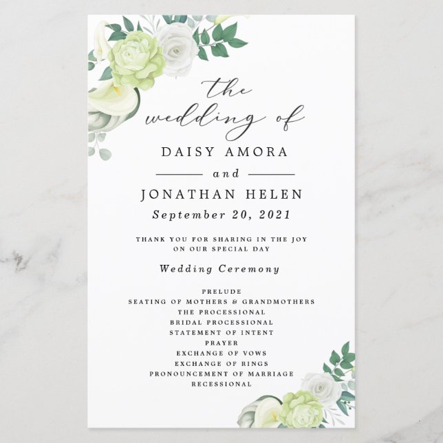 White Rose Green and White Floral Programs (Front)