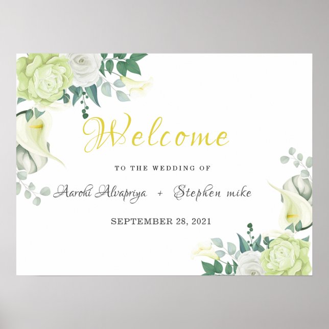 White Rose Green and White Floral Welcome sign (Front)