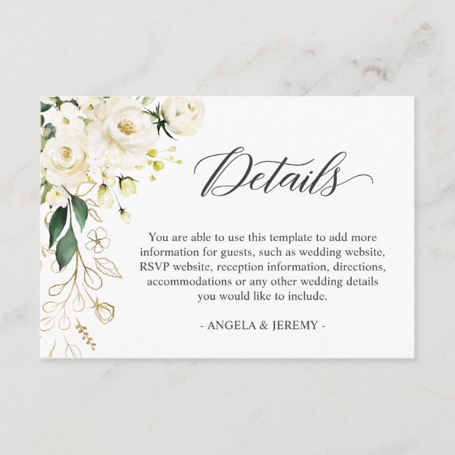 White Rose Green Floral Wedding Reception Details Enclosure Card (Front)