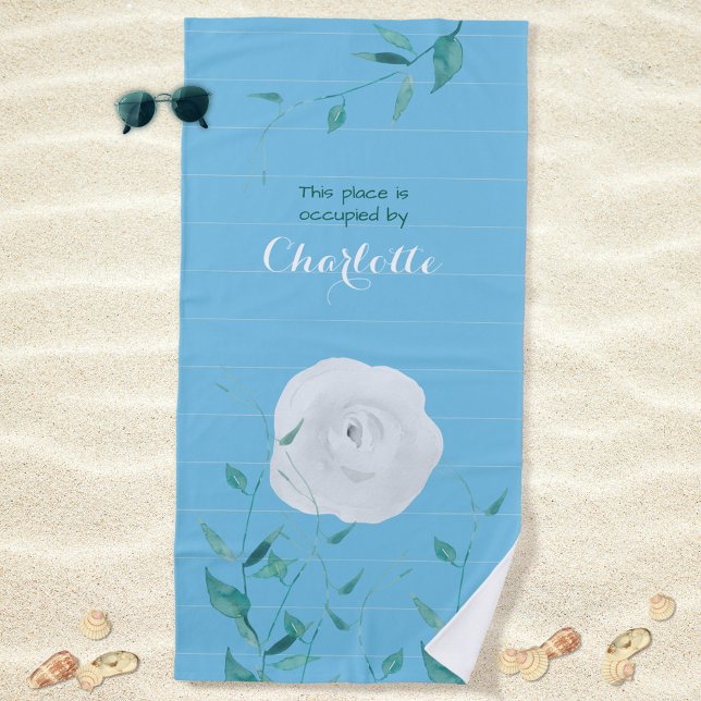 White Rose Green Leaves Striped Modern Beach Towel (White Rose Green Leaves Striped Modern Beach Towel ©Susanne Sachers - Sunny Mind Design 🌞)