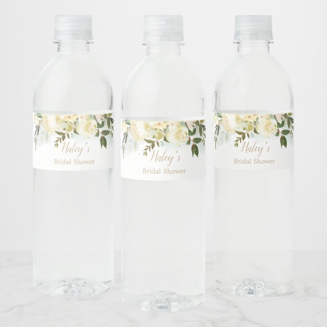 White rose greenery Bridal Shower Water Bottle Water Bottle Label (Bottles)
