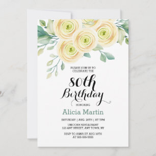 White Rose Greenery Flora Eucalyptus 80th Birthday Invitation