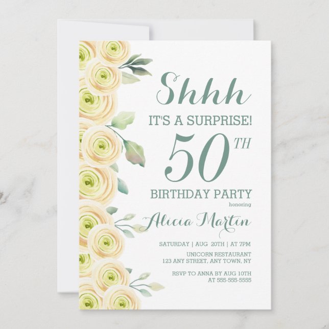 White Rose Greenery Flora Surprise 50th Birthday Invitation (Front)