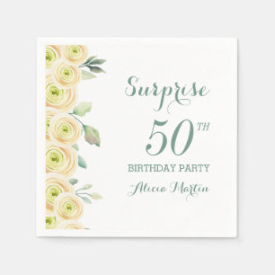 White Rose Greenery Flora Surprise 50th Birthday Napkin