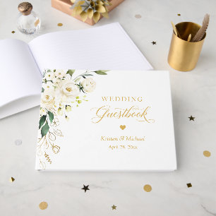 White Rose Greenery Floral Gold Text Wedding Guest Book