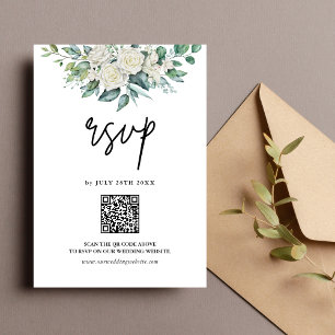 White Rose Greenery Floral QR Code Wedding RSVP Card