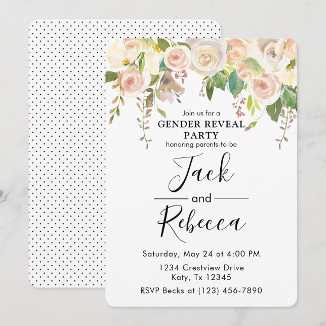 White Rose Greenery Gender Reveal Baby Shower Invitation (Front/Back)