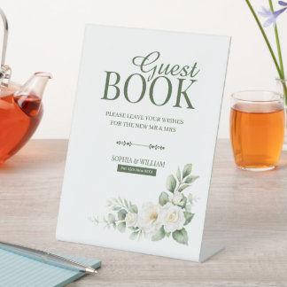 White Rose Greenery Guest Book Tabletop Sign