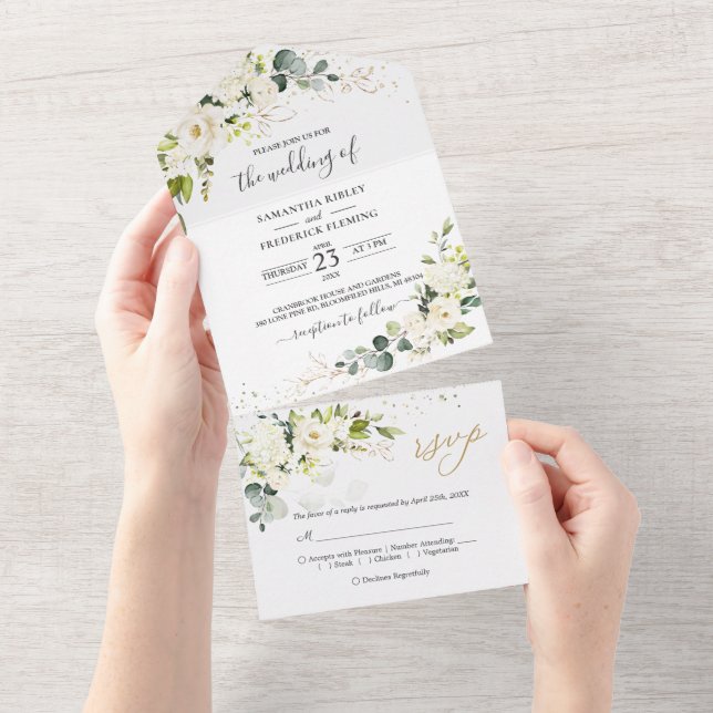 White Rose Greenery Wedding All In One  All In One Invitation (Tearaway)