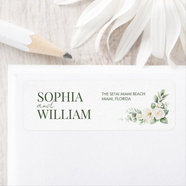 White Rose Greenery Wedding Return Address Label (Insitu)
