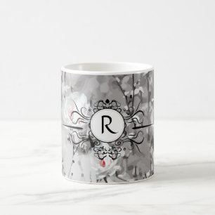 White rose grey white floral pattern monogram coffee mug