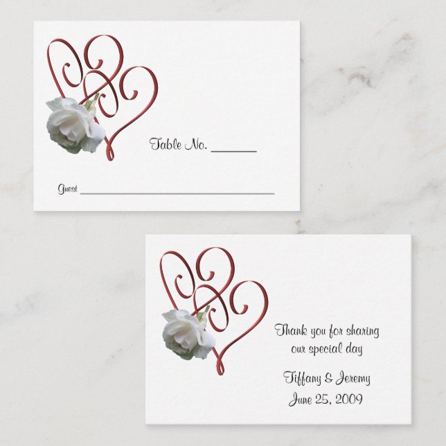 White Rose Heart Wedding Table  Place Card (Front/Back)