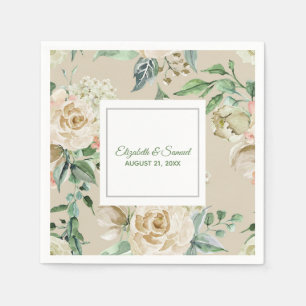 White Rose Hydrangea Beige Bride Groom Wedding Napkin