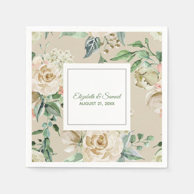 White Rose Hydrangea Beige Bride Groom Wedding Napkin (Front)