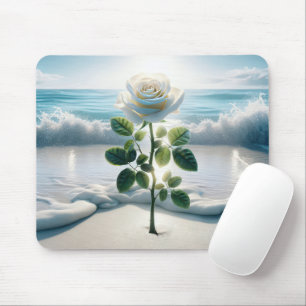 White Rose In Beach Sand Mouse Mat