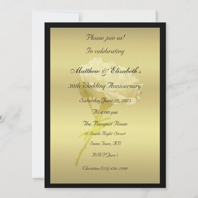 White Rose in Golden Hues Anniversary Invitation (Front)