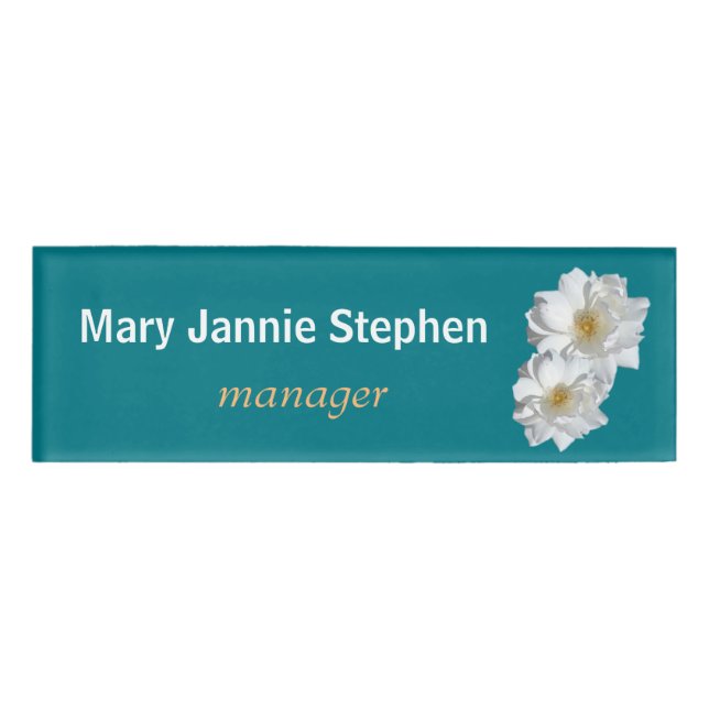 White rose in teal, beautiful name plate (Front)