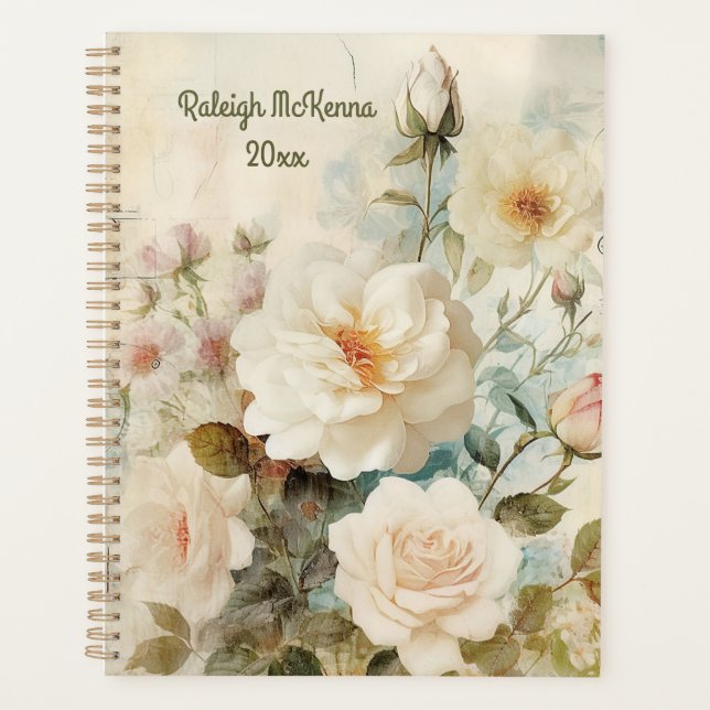 White Rose Junk Journal Style Illustration Classic Planner (Front)