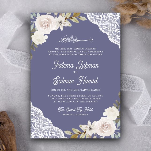 White Rose Lace Soft Purple QR Code Muslim Wedding Invitation (Creator Uploaded)