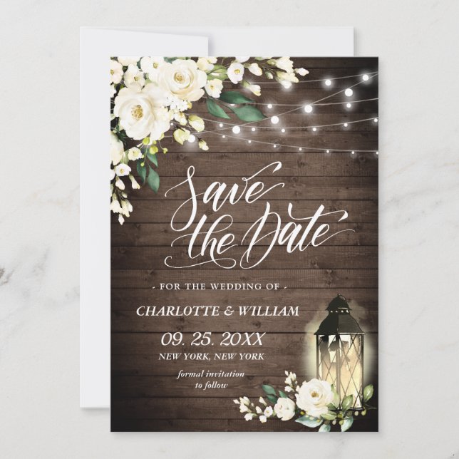 White Rose Lantern Rustic Wood Wedding Save The Date (Front)