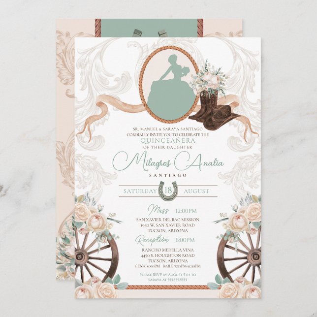 White Rose Mint Green Charro Western Quinceanera Invitation (Front/Back)