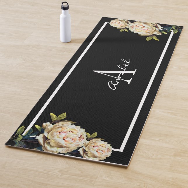 White Rose monogrammed black Yoga Mat (In Situ)