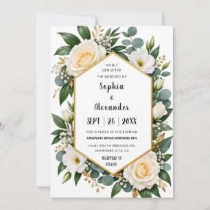 White Rose Navy Blue Elegant Wedding Invitation