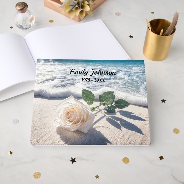White Rose On Beach Sand Guest Book (Front Open)
