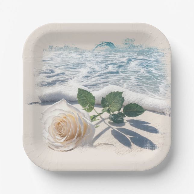 White Rose On Beach Sand  Paper Plate (Front)