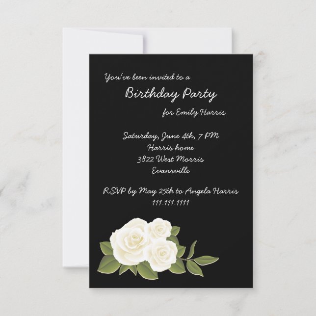 White Rose on Black Birthday Invitation (Front)